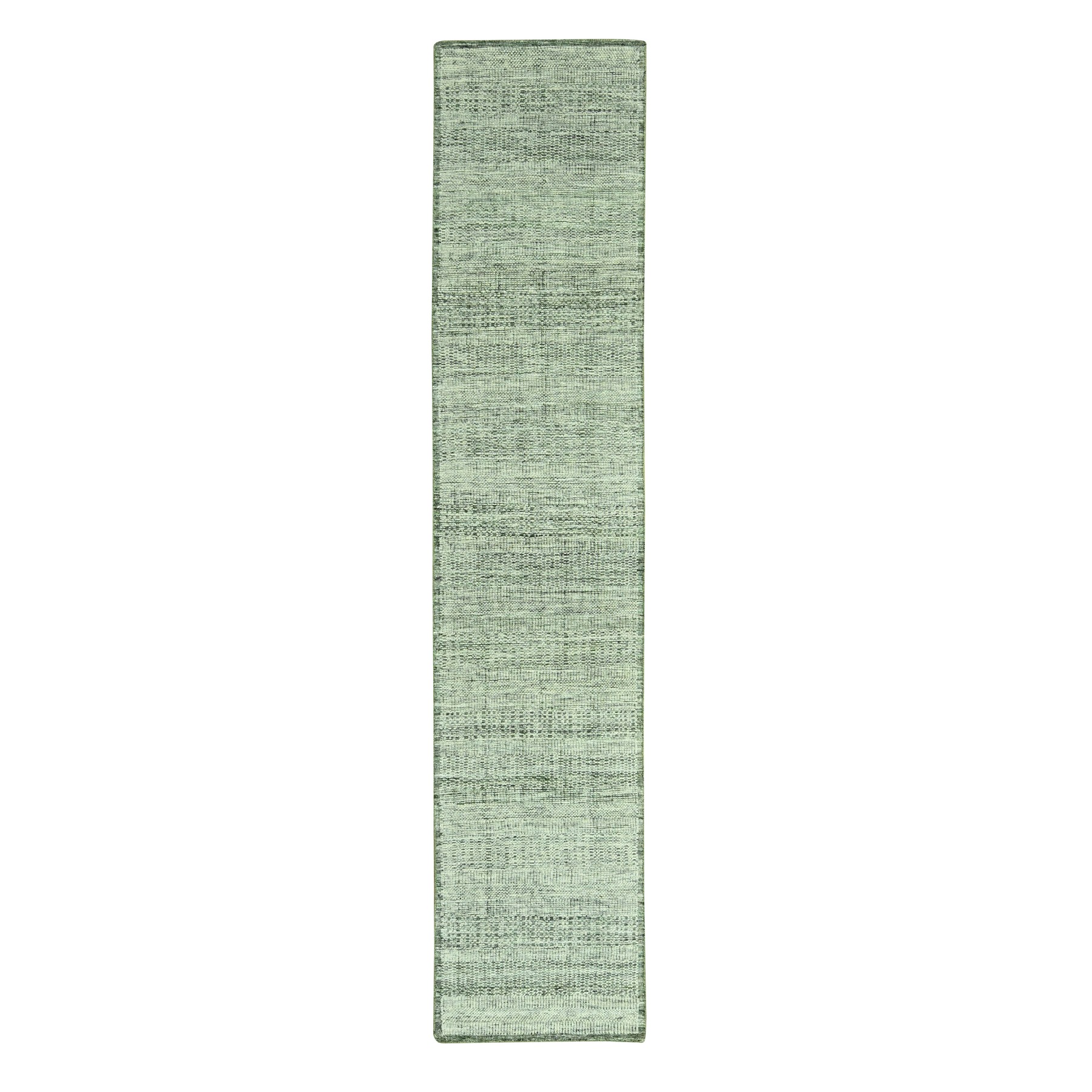 Sage Green, Oxidized and Distressed Grass Design with Exposed Warps, 100% Wool, Hand Knotted, Runner, Oriental Rug